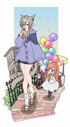 2girls :q animal_ears balloon black_skirt blue_eyes brown_hair bubble_tea cat_ears cat_girl cat_tail commission dress earrings facial_mark final_fantasy final_fantasy_xiv food gyagu highres holding holding_ice_cream_cone hood hood_down hoodie ice_cream ice_cream_cone jewelry loose_socks miqo&#039;te multiple_girls orange_hair pleated_skirt purple_hoodie ryne_waters skeb_commission skirt socks tail tongue tongue_out warrior_of_light_(ff14) whisker_markings white_dress