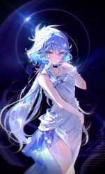 Rule 34 | 1girl, 1i1, absurdres, alternate costume, bare shoulders, blue eyes, blue hair, bracelet, circle, closed mouth, dress, dress flower, flower, furina (genshin impact), furrowed brow, genshin impact, hand up, heterochromia, highres, jewelry, long hair, looking at viewer, mismatched pupils, multiple bracelets, side slit, single-shoulder dress, single strap, solo, thighs, white dress
