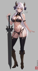 1girl armor bikini bikini_armor black_bikini black_garter_belt black_thighhighs boots breasts brown_eyes cleavage garter_belt gold_trim greatsword grey_background grey_hair haruyuki_(karem) high_heel_boots high_heels highres horns large_breasts long_hair looking_at_viewer navel original shrug_(clothing) signature sleeveless_shrug smile solo swimsuit sword thighhighs weapon