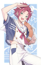 1boy :d absurdres arm_up ensemble_stars! green_eyes hat highres isara_mao lifebuoy looking_at_viewer male_focus midriff_peek mini_hat open_mouth pants red_hair reijiro sailor_collar salute short_hair short_sleeves smile solo swim_ring white_pants white_sailor_collar