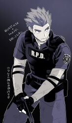 Rule 34 | 1boy, alternate costume, bulletproof vest, closed mouth, commentary request, cosplay, fingerless gloves, gloves, gun, handgun, holding, holding gun, holding weapon, lance (pokemon), leon s. kennedy, leon s. kennedy (cosplay), looking to the side, male focus, nintendo, outline, pants, pokemon, pokemon hgss, resident evil, resident evil 2, resident evil 2 (remake), shirt, short hair, short sleeves, solo, spiked hair, translation request, undershirt, weapon, y (036 yng)
