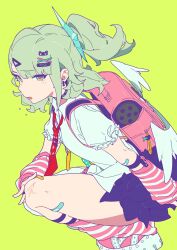 1girl backpack bag bandaged_arm bandages bandaid bandaid_on_leg black_choker black_skirt bow chinatsu_remiel choker earrings frilled_sleeves frills full_body fur_skirt green_background green_hair hair_ornament hand_on_own_knee highres injury jewelry leg_warmers looking_at_viewer medium_hair musical_note_earrings necktie open_mouth oyo_hitsuji pink_bag pink_eyes pink_leg_warmers ponytail puffy_short_sleeves puffy_sleeves shirt short_sleeves simple_background skirt solo squatting striped_arm_warmers striped_leg_warmers tearing_up thighs white_shirt winged_bag zenless_zone_zero