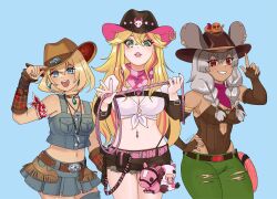 Rule 34 | 3girls, :d, artist name, bandana, belt, black belt, blonde hair, blue background, blue eyes, blue skirt, breasts, brown belt, brown gloves, brown hat, brown shorts, choker, commentary, commission, cowboy hat, cowgirl (western), dolly (vdreams), earrings, elbow gloves, english commentary, finger gun, front-tie top, gloves, green eyes, green pants, grey hair, grin, hair between eyes, hat, holding lasso, horseshoe ornament, indie virtual youtuber, jewelry, large breasts, lasso, lips, lulu lasso, maizilla, multicolored hair, multiple girls, navel piercing, nellie (vtuber), nexas (vtuber), open mouth, pants, piercing, pink bandana, pink belt, pink hair, pocket, red bandana, red eyes, shirt, shorts, skirt, smile, streaked hair, teeth, tongue, torn clothes, torn pants, torn shorts, upper teeth only, vdreams, virtual youtuber, white shirt