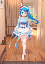 1girl absurdres animal_ears apron artist_name backlighting bare_legs barefoot blue_kimono bow closed_mouth dated entrance fake_animal_ears feet frilled_apron frilled_kimono frills hair_bow hair_ornament hairclip high_ponytail highres indoors japanese_clothes kimono light_blush long_hair looking_at_viewer maid maid_headdress one_eye_closed original plant ponytail potted_plant rabbit_ears rabbit_hair_ornament red_bow short_kimono shouji skirt_hold sliding_doors smile solo straight-on toes vase wa_maid white_apron window window_blinds wooden_floor xiao_shi_lullaby