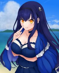 1girl 2023 arm_under_breasts black_camisole black_choker black_hair black_hairband black_skirt blue_capelet blue_sky blush bone_hair_ornament breasts camisole capelet choker cleavage closed_mouth cloud collarbone commentary_request cowboy_shot dated_commentary day eyes_visible_through_hair frilled_capelet frilled_choker frills hair_between_eyes hair_ornament hairband hand_up happy highres index_finger_raised kushima_kamome large_breasts long_hair looking_at_viewer ocean outdoors shigure_suzuna skirt skull_and_crossbones skull_hair_ornament sky smile solo split_mouth straight_hair summer_pockets very_long_hair yellow_eyes