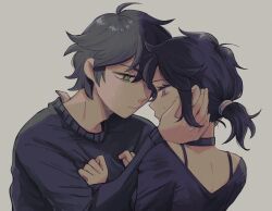 1boy 1girl andrew_graves ashley_graves assf_krsya black_choker black_hair black_sweater bright_pupils brother_and_sister choker green_eyes grey_background highres pink_eyes siblings simple_background sweater the_coffin_of_andy_and_leyley upper_body white_pupils
