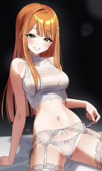 24riside absurdres bare_shoulders black_background bow bow_panties breasts commission crop_top gakuen_idolmaster garter_belt garter_straps green_eyes hair_ornament hairclip highres idolmaster large_breasts long_hair mole mole_under_eye navel orange_hair panties pixiv_commission shirt shiun_sumika side-tie_panties simple_background sitting spread_legs thighhighs underwear white_panties white_shirt white_thighhighs
