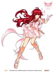 1girl ahoge back_bow bare_shoulders bow bowtie brooch center_opening clenched_hand closed_mouth company_name copyright_name copyright_notice detached_sleeves elesis_(elsword) elsword floating_hair footwear_bow frilled_gloves frilled_sleeves frills full_body game_cg gloves hair_bow halter_shirt halterneck happy heart heart_brooch heart_print high-waist_skirt hwansang jewelry layered_sleeves leg_ribbon leg_up logo long_hair looking_at_viewer magical_girl miniskirt official_alternate_costume official_art one_eye_closed pink_bow pink_shoes pink_skirt pink_sleeves pleated_skirt puffy_short_sleeves puffy_sleeves red_bow red_bowtie red_brooch red_eyes red_hair ribbon second-party_source shirt shoes short_sleeves skirt sleeve_bow smile solo sparkle standing swept_bangs tachi-e transparent_background very_long_hair white_gloves white_ribbon white_sleeves