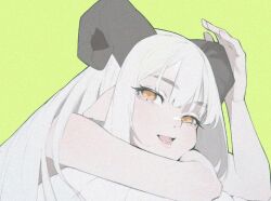Rule 34 | 1girl, anemoneeanemone, animal ears, bare shoulders, bolt (min lona), goat ears, goat horns, green background, horns, lips, long hair, lying, open mouth, original, simple background, teeth, tongue, white hair, yellow eyes