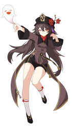 absurdres arm_up black_hat black_shoes black_shorts blush brown_coat brown_hair chinese_clothes coat commentary eyelashes flower flower-shaped_pupils genshin_impact ghost grin hair_between_eyes hand_up hat hat_flower highres hu_tao_(genshin_impact) long_hair long_sleeves looking_at_viewer mxr one_eye_closed plum_blossoms porkpie_hat red_eyes red_flower red_shirt ribbon shirt shoes short_shorts shorts sidelocks smile socks symbol-shaped_pupils tailcoat tassel teeth twintails very_long_hair white_background white_socks wide_sleeves