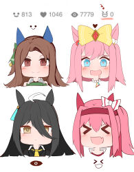 &gt;_&lt; 4girls :d absurdres agnes_digital_(umamusume) ahoge animal_ears arrow_(symbol) black_hair black_shirt blue_eyes blush bow brown_eyes chibi closed_mouth collared_shirt commentary_request ear_bow fang green_bow hair_between_eyes hair_bow hair_over_one_eye haru_urara_(umamusume) heart heart-shaped_pupils highres horse_ears king_halo_(umamusume) manhattan_cafe_(umamusume) multiple_girls necktie one_side_up open_mouth pink_hair portrait shi_(kamokamo910) shirt simple_background smile symbol-shaped_pupils umamusume white_background white_bow xd yellow_bow yellow_necktie