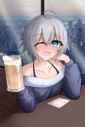 Rule 34 | 1girl, alcohol, beer, blue eyes, blush, date a live, drunk, honjou nia, kunshulucas, short hair, solo, white hair
