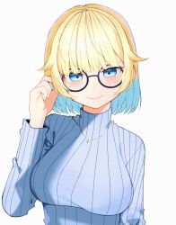 1girl adjusting_eyewear aizawa_ema alternate_costume alternate_hairstyle aqua_hair blonde_hair blue_eyes blue_sweater breasts gradient_hair highres jewelry long_sleeves looking_at_viewer medium_breasts multicolored_hair necklace pointy_hair round_eyewear simple_background solo sweater temari_maco turtleneck turtleneck_sweater upper_body virtual_youtuber vspo! white_background
