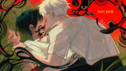 Rule 34 | black hair, black pants, body horror, collared shirt, commentary, english text, highres, hikaru ga shinda natsu, indou hikaru, jae draws, kiss, male focus, mole, mole under eye, pants, shirt, short hair, short sleeves, tsujinaka yoshiki, white hair, white shirt, yaoi
