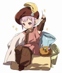1girl arm_up beret brown_gloves brown_hat brown_pants elbow_gloves fabric final_fantasy final_fantasy_xiv fingerless_gloves full_moon gloves hat hat_feather jewelry lalafell moon pants pendant pin pincushion pink_eyes pink_hair pink_shirt pointy_ears sewing shirt short_bangs short_hair sitting smile solo sparkle tataru_taru white_background yomo_(ym)