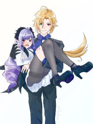 1boy 1girl absurdres aoihana_15 blonde_hair curly_hair dress earrings heterochromia highres holding hugo_vlad jewelry long_hair long_sleeves open_mouth pants purple_hair smile vivian_banshee white_background zenless_zone_zero