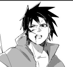 1boy blood blood_from_mouth blood_on_face clenched_teeth collarbone eroero_tyaduke injury looking_to_the_side male_focus naruto_(series) naruto_shippuuden popped_collar sideways_glance simple_background solo teeth uchiha_sasuke uneven_eyes upper_body white_background