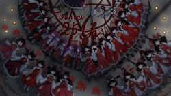 Rule 34 | 6+girls, absurdres, armpits, ascot, black hair, blood, blood on clothes, blue ascot, bow, brown eyes, brown hair, detached sleeves, english text, frilled bow, frilled shirt collar, frilled skirt, frills, gohei, hair bow, hair tubes, hakama, hakama skirt, hakurei reimu, hakurei reimu (pc-98), hexagram, highres, japanese clothes, kimono, long hair, long sleeves, low-tied long hair, medium hair, miko, multiple girls, multiple persona, nontraditional miko, ofuda, purple hair, red ascot, red bow, red hakama, red shirt, red skirt, ribbon-trimmed clothes, ribbon-trimmed sleeves, ribbon trim, shirt, short hair, sidelocks, signature, skirt, skirt set, sleeveless, sleeveless shirt, touhou, touhou (pc-98), touka yoiko, wide sleeves, yellow ascot, yin yang, zun hat