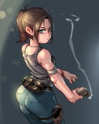 Rule 34 | 1girl, ass, bandages, bare shoulders, black tank top, blue background, breasts, brown hair, claire redfield, cowboy shot, denim, female focus, from behind, gun, gun holster, handgun, highres, jeans, kelvin hiu, looking at viewer, looking back, medium breasts, pants, ponytail, resident evil, resident evil 2, resident evil 2 (remake), revolver, simple background, solo, tank top, weapon