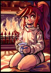 1girl black_border border bow closed_mouth coffee_mug cup dress fireplace full_body hair_bow high_ponytail highres indoors kneeling long_hair looking_at_viewer messy_hair mogy64 mug original plant ponytail potted_plant red_bow sidelocks smile solo sweater sweater_dress