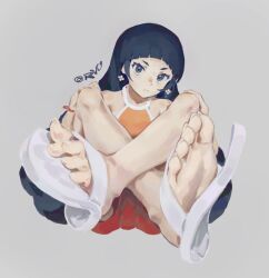 1girl absurdres aspirine4832 ayukawa_hana barefoot black_eyes black_hair feet highres long_hair looking_at_viewer negaposi_angler slippers soles toes