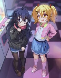 2girls absurdres ahoge arcade arcade_cabinet belt black_belt black_hair black_jacket black_pantyhose blonde_hair blue_skirt blush brown_shoes checkered_floor clenched_hand commentary cross-laced_shoes double-parted_bangs english_commentary glasses hair_between_eyes hair_ornament hair_ribbon hairclip hand_on_own_hip hand_up highres indoors jacket jewelry larissa_(luxuriou_s) long_hair long_sleeves looking_at_viewer luxuriou_s multiple_girls necklace open_clothes open_jacket open_mouth original pantyhose pendant penny_loafers pink_jacket pink_shoes pink_socks purple_eyes red_ribbon red_scarf ribbon round_eyewear scarf shella_(luxuriou_s) shirt shoes short_hair skirt smile socks twintails wavy_hair white_shirt x_hair_ornament yellow_eyes