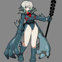 Rule 34 | 1girl, absurdres, blue bodysuit, blue eyes, blue shoes, bodysuit, breasts, closed mouth, e.g.o (project moon), faust (project moon), fins, fluid sac (e.g.o), full body, gem, gradient hair, green hair, grey background, head fins, highres, holding, holding weapon, kekeken, large breasts, limbus company, looking at viewer, multicolored hair, project moon, red gemstone, shoes, short hair, simple background, solo, standing, thighs, weapon, white hair