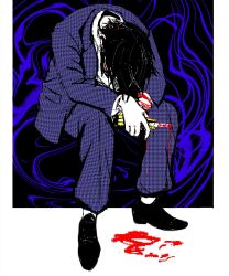 1boy black_hair bleeding blood boxcutter commentary_request cuts gakuran head_down highres holding holding_boxcutter injury invisible_chair male_focus randal&#039;s_friends school_uniform self-harm short_hair sitting solo tsukada_satoru uri_ka55