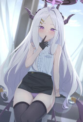 1girl absurdres ahoge arm_support black_gloves black_skirt black_thighhighs blue_archive blue_sky blurry cloud cloudy_sky collared_shirt commentary curtains demon_girl demon_horns demon_wings depth_of_field desk english_commentary finger_to_mouth forehead gloves hair_ornament hairclip halo highres hina_(blue_archive) horns indoors long_hair looking_at_viewer mouth_hold official_alternate_costume official_alternate_hairstyle on_desk panties pantyshot parted_bangs parted_lips pencil_skirt ponono_desu purple_eyes purple_panties shirt side_slit sidelocks sitting skirt sky sleeveless sleeveless_shirt solo thighhighs underwear wavy_hair white_hair white_shirt wings zettai_ryouiki