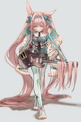 animal_ears arknights breasts front-seamed_legwear guitar hair_spread_out highres instrument jacket leaning_forward long_hair okome_(okome9219) open_clothes open_jacket pantyhose pink_eyes rabbit_ears ray_(arknights) ray_(dreaming_high)_(arknights) seamed_legwear twintails very_long_hair white_pantyhose