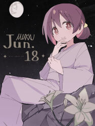 1girl 2mai84 brown_eyes brown_hair commentary dated flower grey_kimono hair_between_eyes hair_bun hair_up hand_on_own_chin highres japanese_clothes kimono light_blush lilu long_sleeves looking_at_viewer moon multicolored_hair murosaki_miyo night night_sky obi onii-chan_wa_oshimai! outdoors red_hair sash sitting sky smile solo star_(sky) starry_sky two-tone_hair wide_sleeves