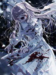 Rule 34 | 1girl, :d, ^ ^, blood, blood on clothes, blood on face, brown hair, closed eyes, commentary request, danjou sora, dress, facing viewer, hair intakes, hammer, highres, holding, holding hammer, long hair, long sleeves, neck ribbon, night, open mouth, original, outdoors, puffy long sleeves, puffy sleeves, ribbon, sidelocks, smile, solo, two side up, very long hair, white dress, white ribbon