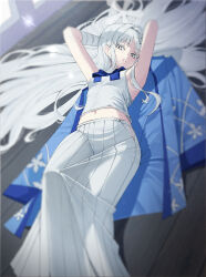 1girl armpits bandaged_arm bandages blue_archive blue_kimono blue_ribbon commentary_request hair_spread_out highres japanese_clothes kimono long_skirt looking_at_viewer lying mahou_gnome midriff nagusa_(blue_archive) navel on_back ribbon shirt skirt sleeveless sleeveless_shirt solo unworn_kimono white_eyes white_hair white_skirt wooden_floor