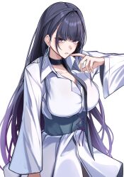 1girl absurdres alternate_costume black_choker breasts choker collarbone collared_dress commentary_request dress earrings hand_up highres honkai_(series) honkai_impact_3rd jewelry kamishiro_noa large_breasts long_hair long_sleeves parted_lips purple_eyes purple_hair raiden_mei raiden_mei_(apho) shirt simple_background solo very_long_hair white_background white_dress