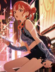 Rule 34 | 1girl, black bag, black shorts, blue shirt, blunt bangs, braid, brown eyes, building, city, crop top, cross-laced clothes, cross-laced shorts, detached sleeves, double bun, earrings, floral print, hair bun, handrail, headphones, headphones around neck, highres, jewelry, ligton1225, looking at viewer, mole, mole under eye, navel, neon lights, on railing, open mouth, original, railing, red hair, red nails, shirt, shorts, sidelocks, sitting, skyscraper, sleeveless, sleeveless shirt, solo, sparkle, star (symbol), star earrings, twin braids