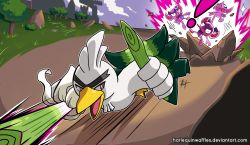 Rule 34 | !, absurdres, action, attack, battle, bird, castle, commentary, deviantart username, duck, english commentary, fangs, food, forest, gen 8 pokemon, grass, harlequinwaffles, highres, holding, holding food, holding spring onion, holding vegetable, impidimp, looking at viewer, motion lines, nature, nintendo, no humans, open mouth, outdoors, pokemon, pokemon (creature), pokemon focus, red eyes, road, signature, sirfetch&#039;d, speed lines, spring onion, tongue, tongue out, tree, vegetable, watermark, web address