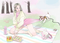 1boy bag black_hair blanket blue_eyes bulge cardigan cherry_blossoms crossdressing dog dress embarrassed flaccid flowers_in_hair food fruit handbag lemicon medium_hair original panties park picnic picnic_blanket pink_dress polka_dot polka_dot_dress pulling_another&#039;s_clothes purple_panties rock sandwich side_part socks striped_blanket thermos trap underwear yellow_cardigan yellow_socks