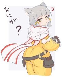 1girl animal_ears ass bodysuit cat_ears facial_mark grey_hair highres huge_ass jumpsuit nia_(xenoblade) solo uncool_mochi xenoblade_chronicles_(series) xenoblade_chronicles_2 yellow_bodysuit yellow_eyes yellow_jumpsuit
