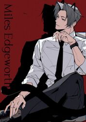 1boy ace_attorney animal_ears arm_up black_necktie black_shoes c138300 cat_boy cat_ears cat_tail character_name collared_shirt curtained_hair dress_shoes drop_shadow fingernails grey_eyes grey_hair highres kemonomimi_mode looking_ahead male_focus miles_edgeworth necktie parted_lips red_background shirt shoes short_hair smile solo tail teeth watch white_shirt wing_collar wristwatch