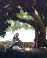 Rule 34 | 1girl, absurdres, alternate hair length, alternate hairstyle, animal ears, bandages, bonfire, budget sarashi, chest sarashi, dappled sunlight, day, detached sleeves, facing away, fire, hat, highres, inubashiri momiji, long hair, mixed-language commentary, oubachiago, outdoors, procreate (medium), roasting, sarashi, scabbard, scenery, sheath, shield, shirt, sitting, skirt, solo, sunlight, sword, tail, tokin hat, touhou, tree, very long hair, weapon, white hair, wide sleeves, wolf ears, wolf girl, wolf tail