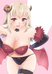 1girl absurdres arms_behind_back black_panties blonde_hair blush bow bow_panties breasts brown_horns commentary_request cowboy_shot curled_horns demon_girl demon_wings detached_sleeves frilled_thigh_strap highres horns large_breasts leaning_forward long_hair looking_at_viewer low_wings open_mouth orange_eyes panties pink_background ragnarok_online red_wings smile solo succubus_(ragnarok_online) sugata_ubo thigh_strap two-tone_background underwear white_background wings