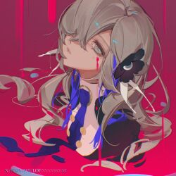 1girl ambiguous_red_liquid blue_eyes flower grey_eyes grey_hair hair_flower hair_ornament hair_over_one_eye highres isekaijoucho jacket kamitsubaki_studio long_hair looking_at_viewer nyansky partially_submerged sketch solo upper_body