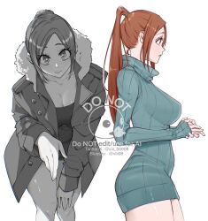artist_name bleach breasts brown_eyes collarbone hand_on_own_knee inoue_orihime jacket large_breasts long_hair looking_at_viewer orange_hair ponytail shiny_skin simple_background sweater thighs twitter_username viii_00908 white_background