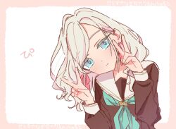 Rule 34 | 1girl, aqua neckerchief, blue eyes, blush, border, brown dress, ceras yanagida lilienfeld, character name, closed mouth, commentary, double v, dress, grey hair, hasu no sora school uniform, head tilt, link! like! love live!, long hair, long sleeves, looking at viewer, love live!, mican modoki, neckerchief, outside border, pink border, sailor collar, sailor dress, school uniform, simple background, single hair intake, smile, solo, split mouth, swept bangs, v, virtual youtuber, wavy hair, white background, white sailor collar, winter uniform