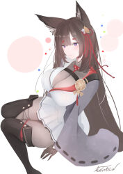 1girl amagi_(aircraft_carrier)_(azur_lane) amagi_(azur_lane) amagi_(cv)_(azur_lane) animal_ear_fluff animal_ears azur_lane black_boots black_gloves boots breasts brown_hair cleavage closed_mouth eyeliner fox_ears fox_girl gloves highres hikimayu large_breasts livetarica long_hair long_sleeves looking_at_viewer makeup pleated_skirt purple_eyes red_eyeliner sakura_empire_(emblem) signature sitting sketch skirt solo very_long_hair white_skirt wide_sleeves