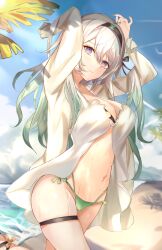 1girl absurdres alternate_costume aqua_bikini beach belly bikini black_bikini black_hairband blush breasts cleavage closed_mouth firefly_(honkai:_star_rail) flying_sweatdrops gradient_eyes gradient_hair green_pants green_pupils grey_hair hair_between_eyes hair_intakes hair_ornament hair_ribbon hairband hand_in_own_hair hand_on_own_head highres honkai:_star_rail honkai_(series) long_coat multicolored_eyes multicolored_hair nail_polish navel pants ribbon solo string_bikini swimsuit thigh_strap two-tone_eyes watage_tanpopo