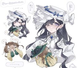 &gt;_&lt; 2girls black_hair blue_ribbon brown_hair cheek_poking chibi dress glasses green_dress green_hat hat highres holding_chibi isolde_(reverse:1999) jewelry kakania_(reverse:1999) long_hair looking_at_another ms_r_r multiple_girls poking puffy_sleeves purple_eyes reverse:1999 ribbon simple_background speech_bubble very_long_hair wavy_hair white_background white_dress white_hat white_ribbon