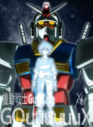 1boy copyright_name gloves glowing gundam gundam_gquuuuuux highres looking_at_viewer mecha mobile_suit pants red_eyes robot rx-78-2_gundam sanjiyouyoko shirt short_hair shuji_ito v-fin weapon yellow_eyes