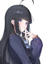 1girl absurdres ahoge black_hair blue_eyes blunt_bangs breasts closed_mouth fang from_side highres hime_cut indie_virtual_youtuber long_hair long_sleeves looking_at_viewer looking_to_the_side mang_nae_(vtuber) n4_h4m simple_background skin_fang sleeves_past_wrists small_breasts smile solo very_long_hair virtual_youtuber white_background
