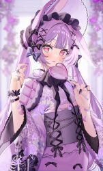 00nanona 1girl absurdres animal_ears bandaid bandaid_on_arm black_bow blurry blurry_background blush bonnet bow candy cape food hair_ornament hairclip heart heart-shaped_food heart-shaped_lollipop highres holding holding_candy holding_food holding_lollipop japanese_clothes jewelry kimono lace-trimmed_sash lollipop long_sleeves looking_at_viewer multiple_rings obi original outdoors pink_cape pink_hair pink_kimono print_kimono purple_bow rabbit_ears red_eyes ring sash scrunchie shaped_lollipop solo twintails wide_sleeves wrist_scrunchie x_hair_ornament
